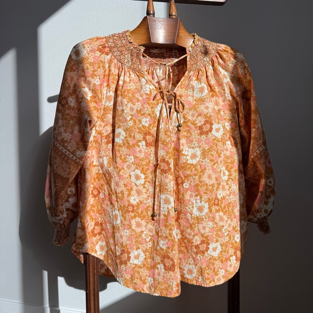 Spell Floral Boho Peasant Top Organic Cotton Balloon Sleeve Blouse Size L Resort